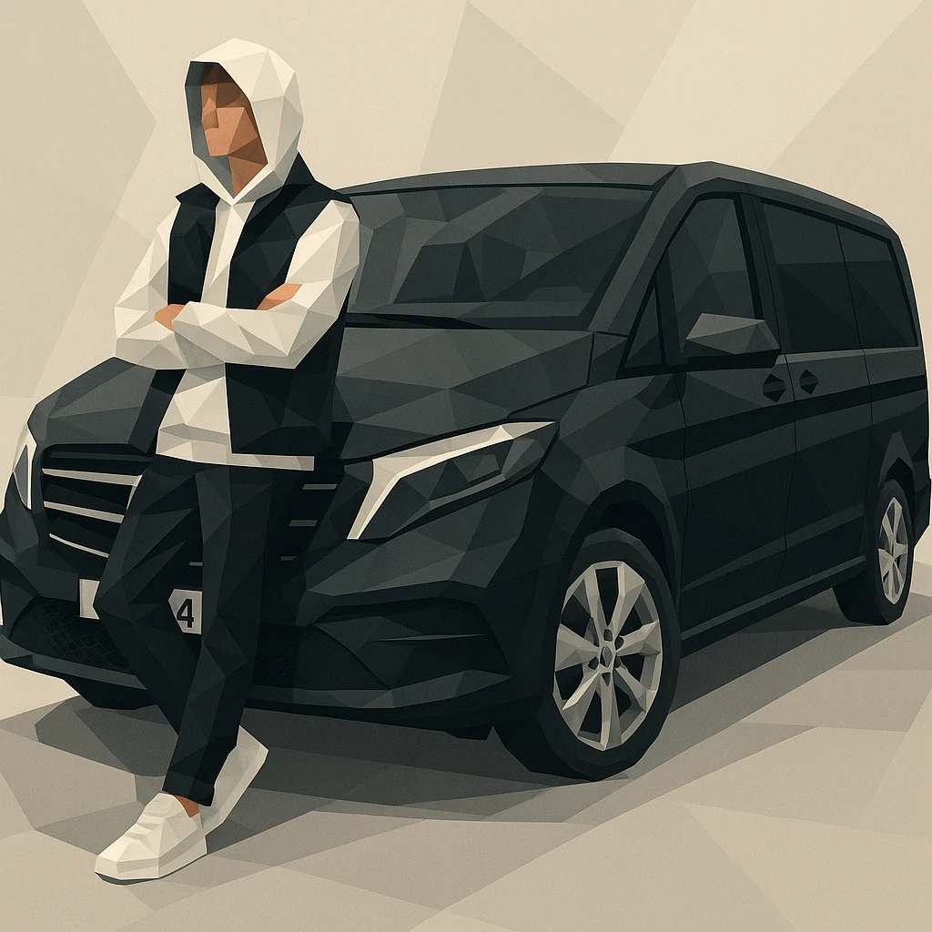 stylish male character wearing white sneakers, black pants, clean white hoodie with black vest, hood up, standing casually and leaning on a black 2024 Mercedes-Benz V-Class Extra Long 300 d, modern illustration style emoji