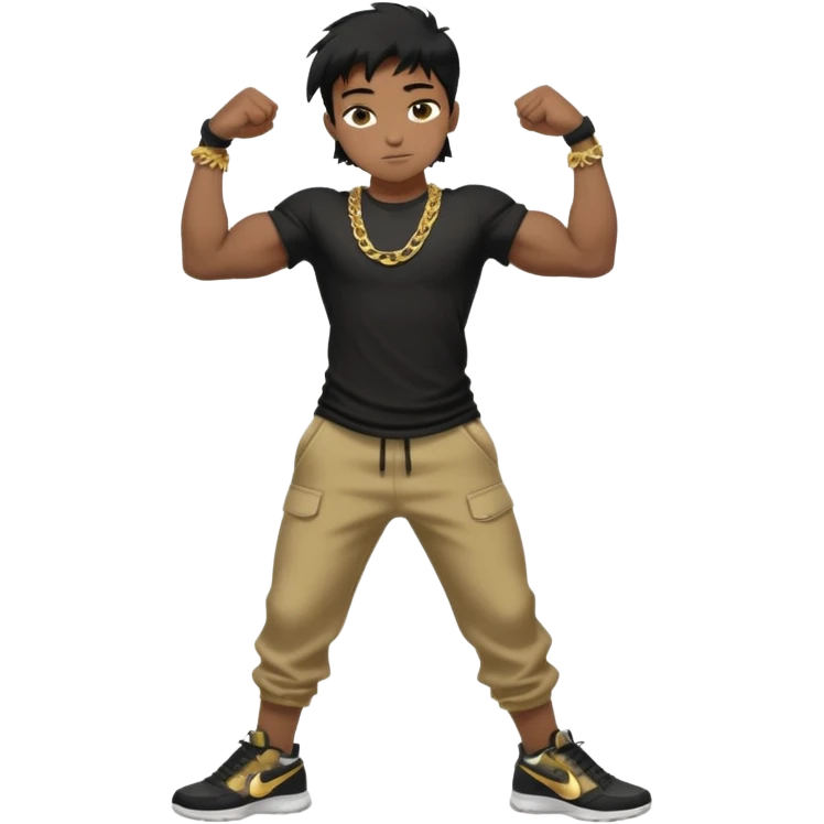 full side body view of muscular 13yo boy with veiny hands arms and biceps. has messy black hair with dark-tan skintone with black tshirt. has gold chain and nike shoes with baggy pants emoji
