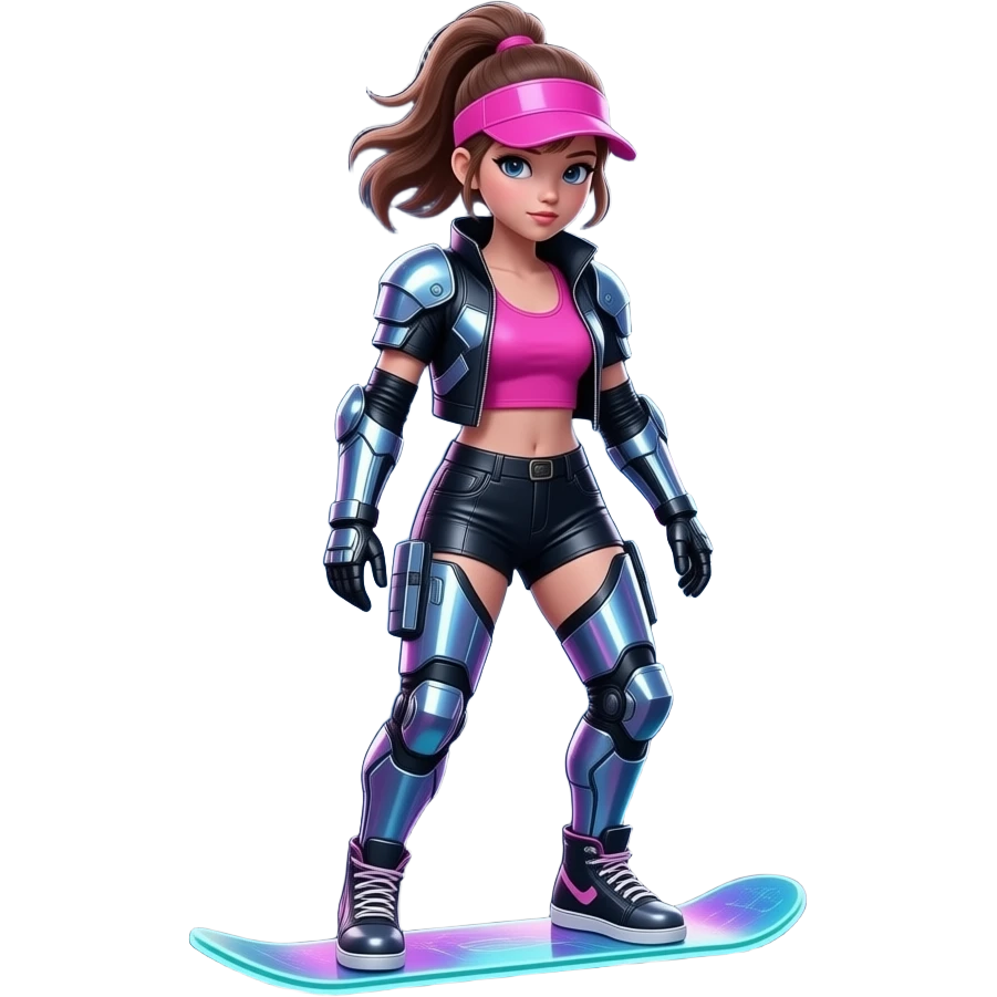 Girl wearing pink crop top  and   on a skateboard in a cyberpunk outfit and city emoji
