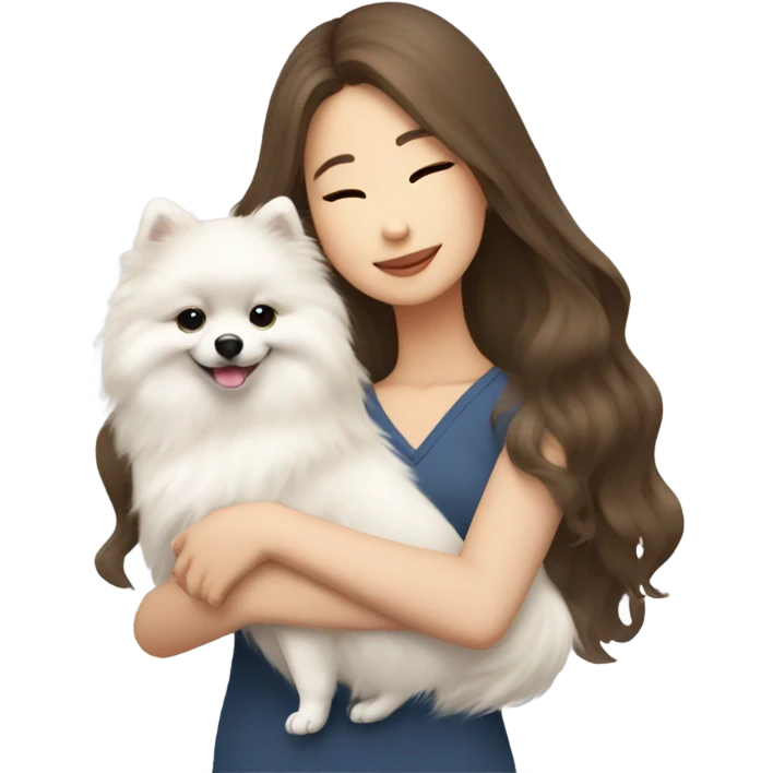 Female asian white girl with long brown wave hair hugging 4 white pomeranian girl emoji