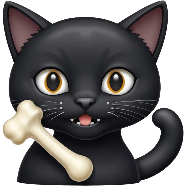 A black cat with a white spot on its muzzle, holding a gray rubber bone in its teeth emoji