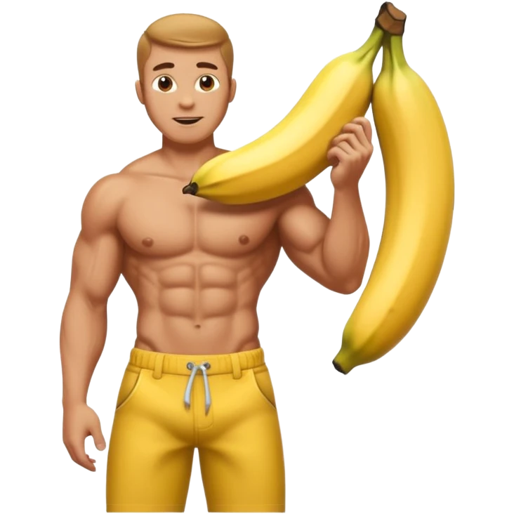muscular shirtless man with a big banana coming out of his pants zipper emoji