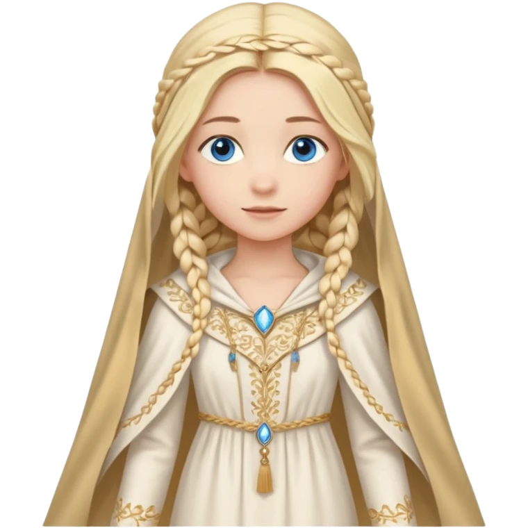 Joven de unos 20 años, de aspecto dulce y elegante.
Piel clara, ojos (pueden ser azules o verdes)
Rubio o castaño claro, largo, con trenzas o velo.
Vestido largo de tonos suaves (blanco, azul o lavanda), con bordados dorados; un manto o toca fina cubriendo la cabeza. Haz todo el cuerpo emoji