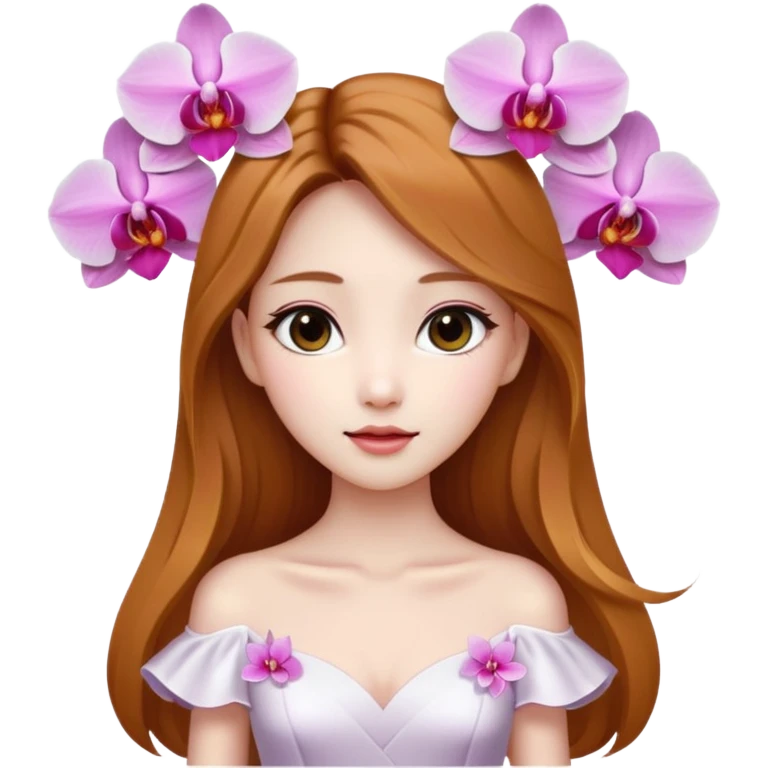 Asian girl with long golden brown hair white skin makeup natural with orchid white/pink only on her left ear, her dress is white  coquette  emoji