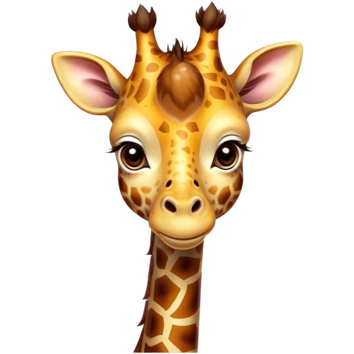 Cinematic Cute Giraffe Portrait Emoji, Head tilted playfully and inquisitively, featuring a glossy, patterned Fur of warm yellows and browns with delicate white spots, round, sparkling eyes filled with curious wonder, Simplified yet irresistibly adorable features, highly detailed, glowing with a warm, friendly glow, high shine, affectionate and gentle, stylized with a touch of savannah whimsy, bright and endearing, soft glowing outline, capturing the essence of a mischievous yet loving giraffe, so playful it feels like it could gallop out of the screen and into your arms! emoji