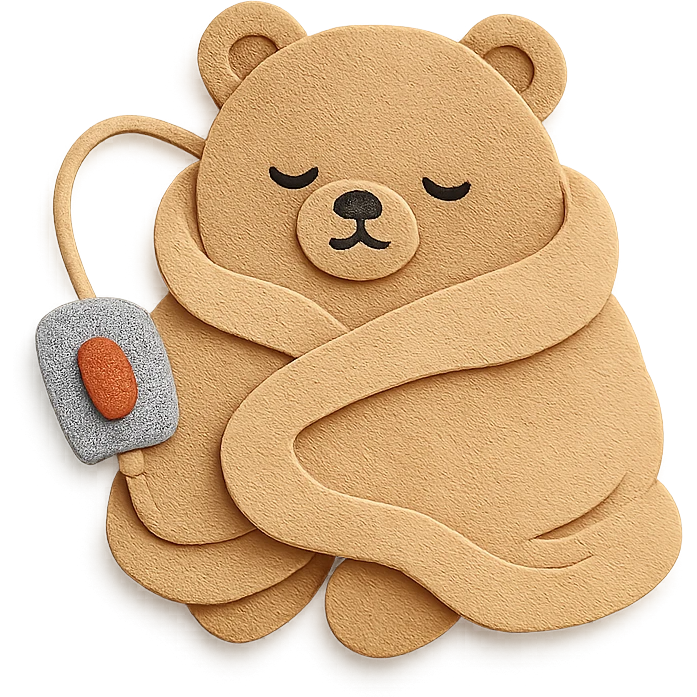 cute bear-shaped electric blanket, fluffy, wrapped around itself, sleepy expression, soft beige, full-body emoji