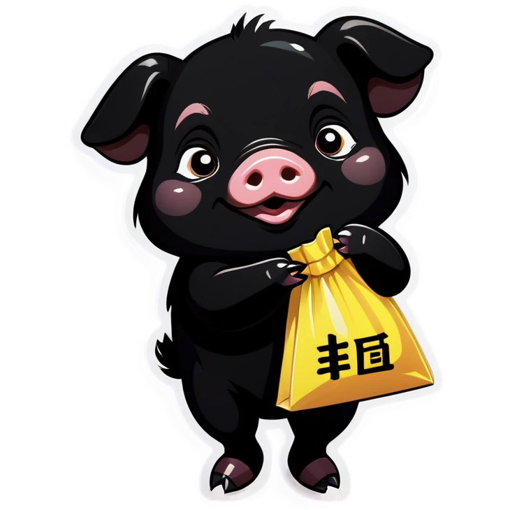 a black piglet holding 4 bags with "복“ written on it emoji
