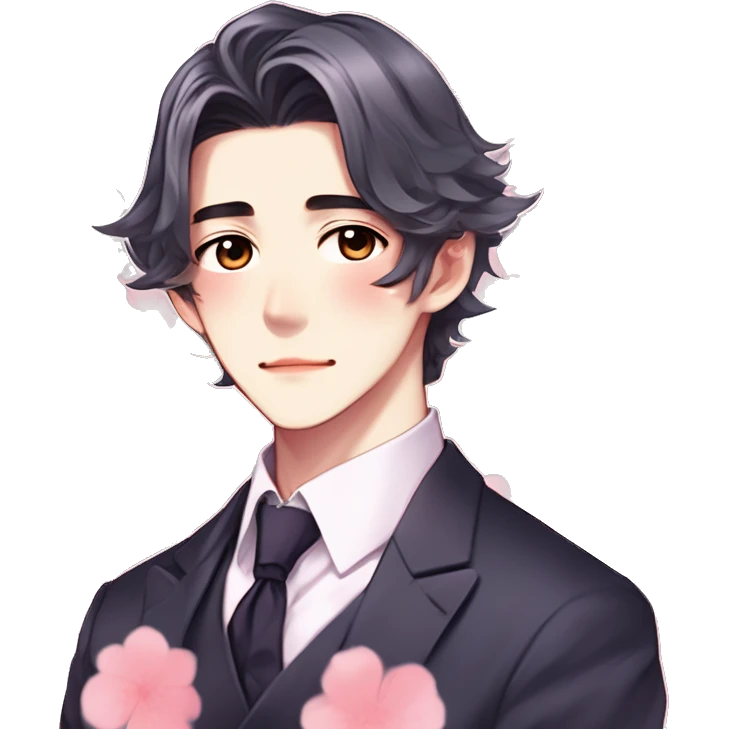 Gorgeous romantic hot attractive anime style Asian formal modern gentlemanly guy with pretty hair and flower petals and blushing face aesthetic trending style with colorful gradient colors  pastelcore cottagecore kawaiicore emoji