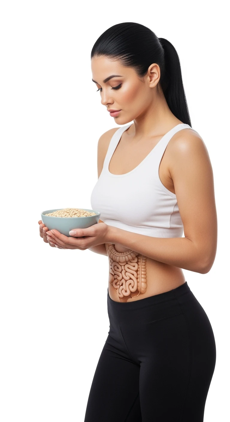 donna con bowl di avena in mano e intestino in evidenza, isolata su sfondo bianco emoji