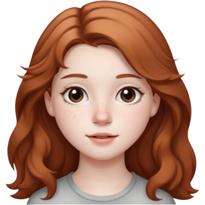 18-year-old girl with pale skin, lots of dark freckles, rosy cheeks, and long straight/wavy light brown hair. emoji