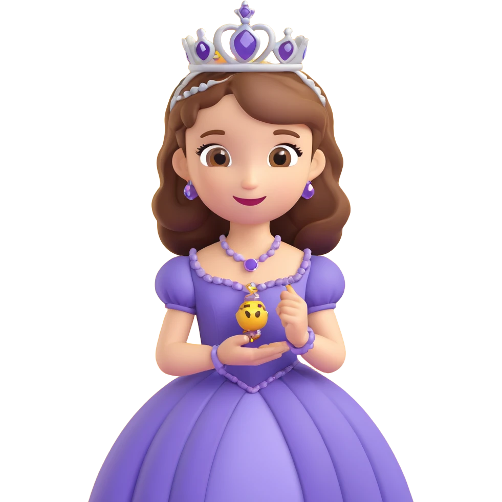 Sofia the First as a 3D emoji, holding her amulet, in her purple dress and tiara, happy and magical emoji