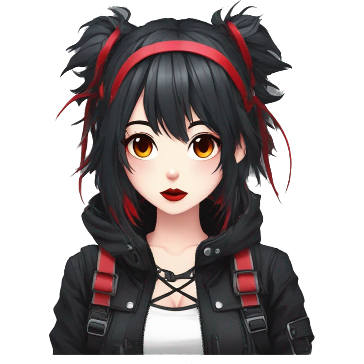 Gorgeous bright gothic techwear anime style lady with blushing face aesthetic and pretty edgy black red punk messy wild cute hair with collar and harness trending style emoji