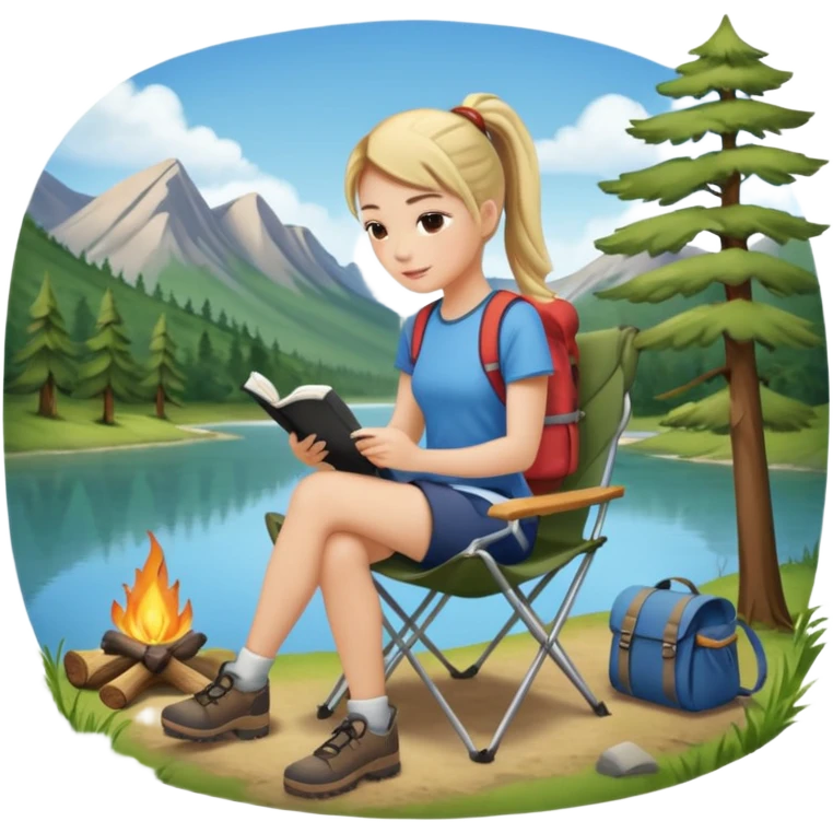 A pony tail hair woman journaling on a camping chair, enjoying the quiet nature scene. emoji