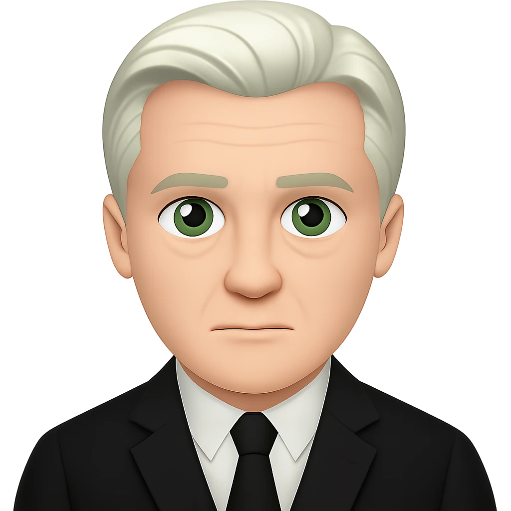 Create an emoji style image of Draco Malfoy at 50 years old, wearing a black suit. Keep the background transparent. The style should resemble classic emoji aesthetics with clear, simple features and vibrant colors. emoji