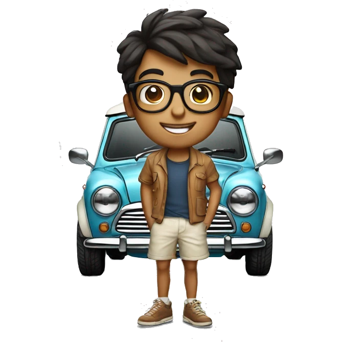 slender indian boy with glasses on shorts standing next to a classic white mini cooper emoji