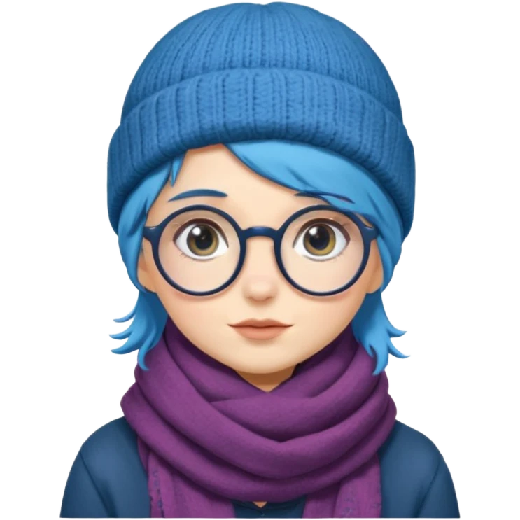 A shy blue straight hair woman with big round glasses and thick scarf and a beanie, blushing from the cold. emoji