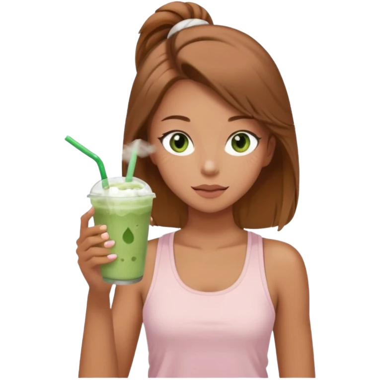 girl with light brown hair and green eyes and tan skin  wearing light pink tank top with white sweatpants drinking iced matcha latte with a face sheet mask on emoji