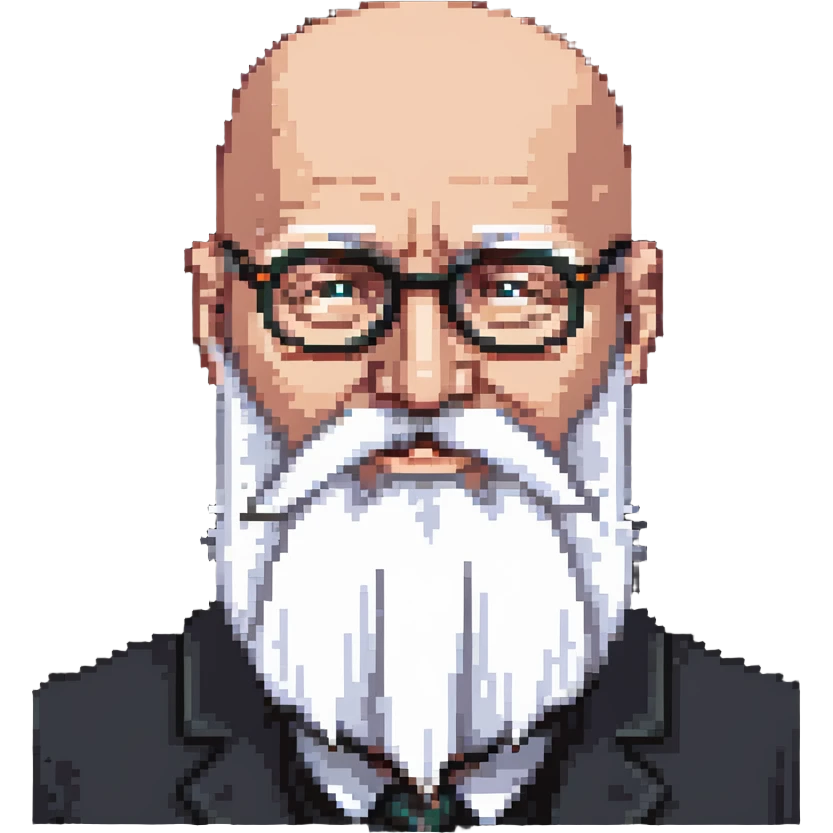 50-year-old bald man with spectacles, long white beard, winking emoji