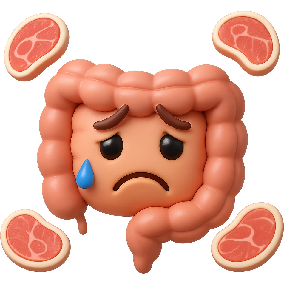 emoji stile iphone in 3d di un intestino triste con fette di carne che gli fluttuano intorno emoji