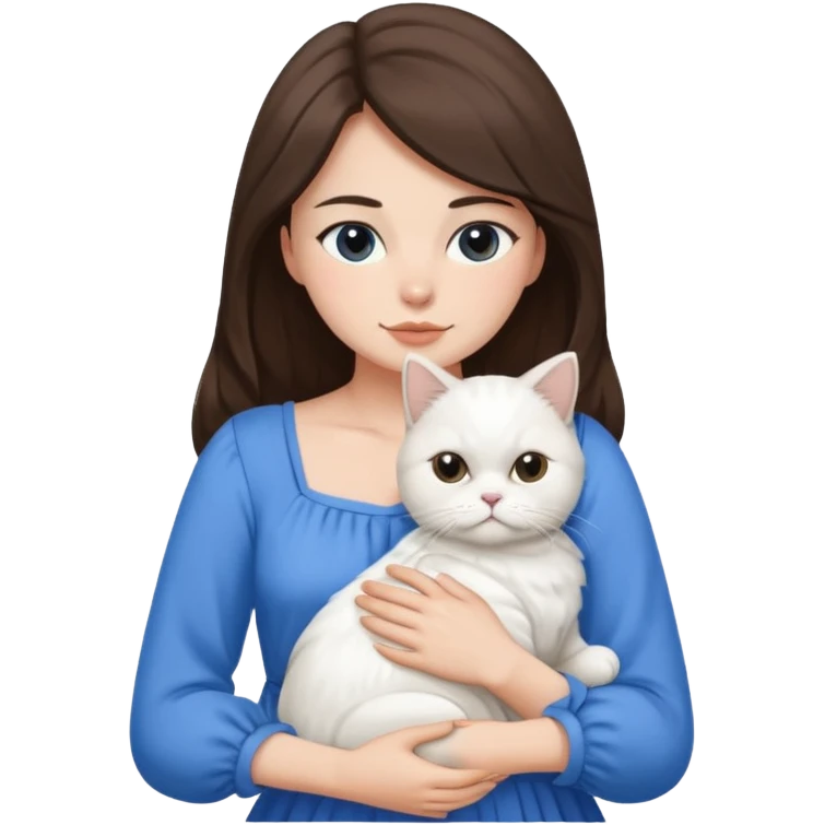 Brunette woman snuggling white Persian cat, wearing a blue dress emoji
