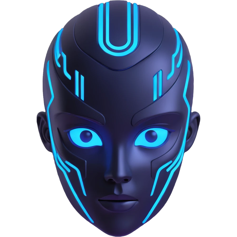 cyber 3D head of a kid, metallic textures, glowing blue accents, futuristic details, 3D icon style emoji