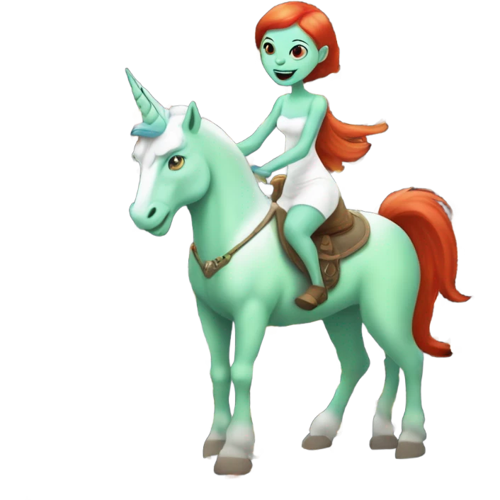 [politically incorrect
	{ woman: alien, color: light green, hair:red, eyes:cat} ]
	on a 
	[{ unicorn: white, legged:four, mane: light blue }] emoji