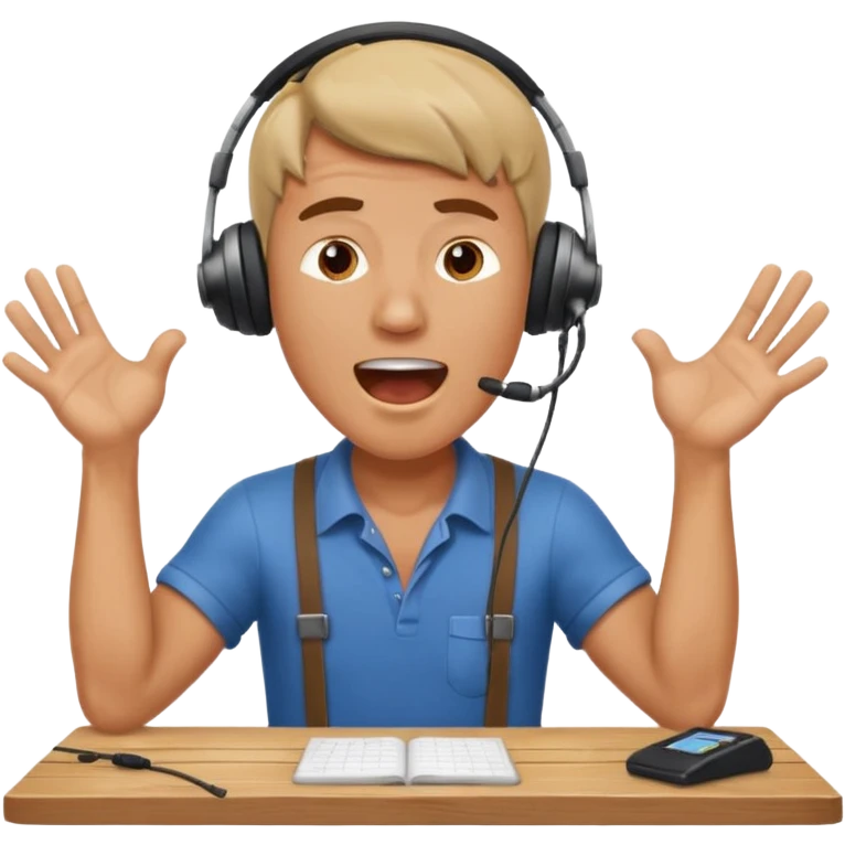 man working at table, shouting with determination emoji