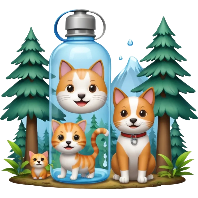 make a water bottle smile in a forests with a cat and dog  emoji