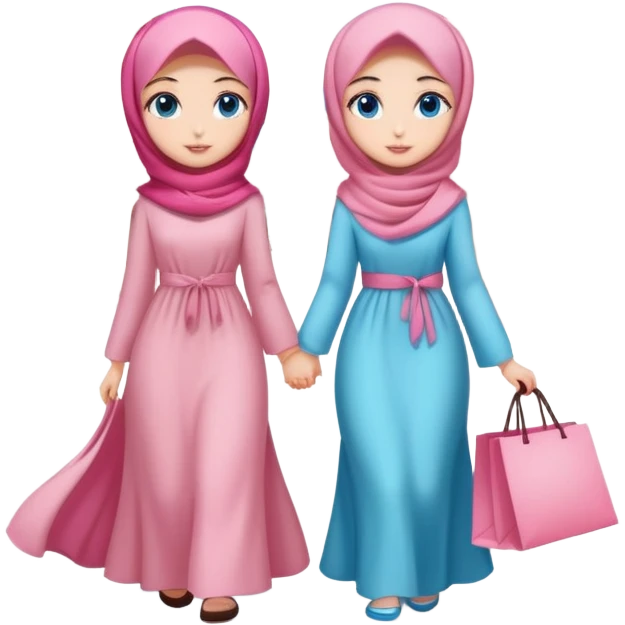 Turkish beautiful finish Konya girls blue eyes with lovely cherry blossom hijab long tail dress and the two friends shopping in a shopping city  emoji