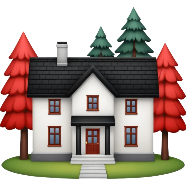 Dom z czarnym dachem i biała elewacja ze wstawkami z czerwonej cegły.Na drugim planie las. emoji