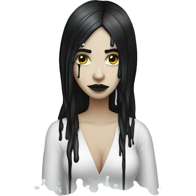 white goth women with long black hair with sticky white flour water dripping off her face  emoji