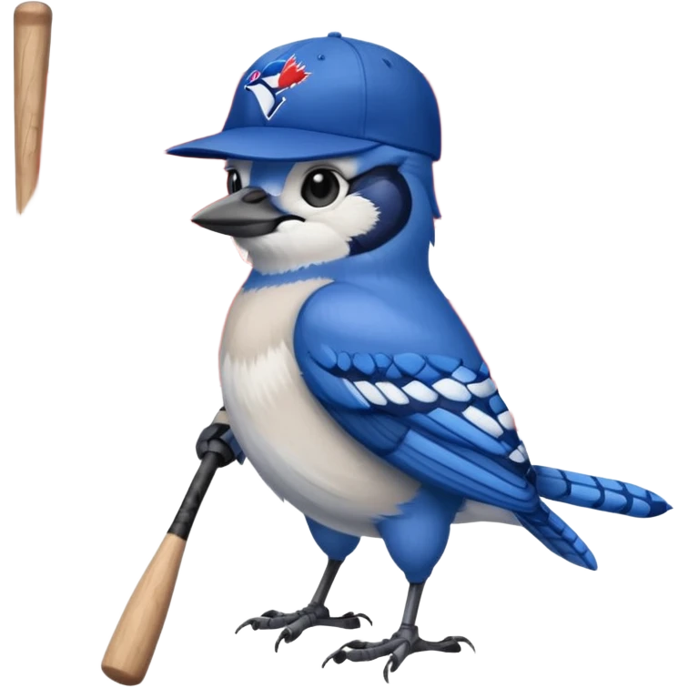 bluejay standing with baseball bat, wearing toronto blue jays baseball hat, background canadian flag
 emoji