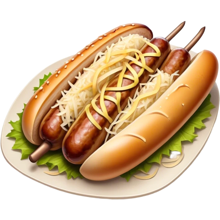 Bratwurst Cinematic Realistic Bratwurst Dish Emoji, depicted as a grilled bratwurst topped with a generous serving of shredded sauerkraut, rendered with rich textures and dynamic, appetizing lighting. emoji