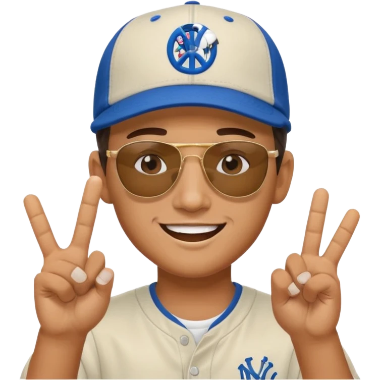Cool hip guy with NY baseball cap and sunglasses doing a peace sign with one of his hands emoji