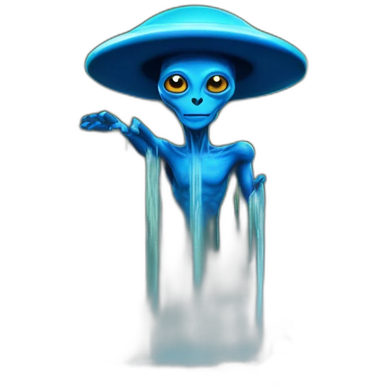 A blue alien wizard standing on a UFO near the edge of a waterfall emoji
