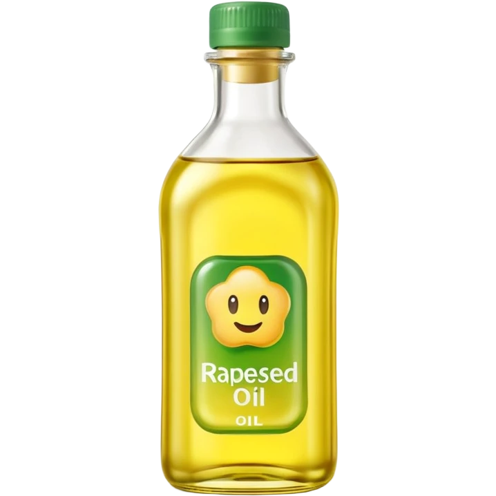 rapeseed oil bottle transparent with pale yellow oil, simple curved or rectangular shape, green or neutral cap, no branding, light clear smooth oil with soft golden glow, no label, clean 3D style, soft shadows, emoji scale emoji