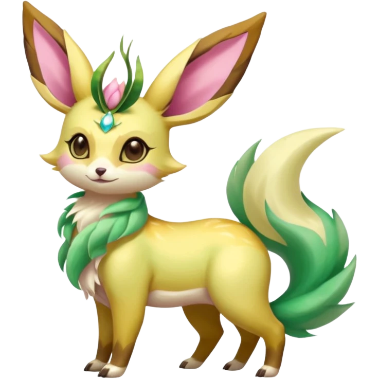 Colorful brown with rose pink, yellow-beige-cream, jade-green tropical exotic shiny beautiful fantasy-Vernid-Cacomistle-Leafeon-Sylveon-animal-Fakémon-hybrid-fursona (full body) emoji