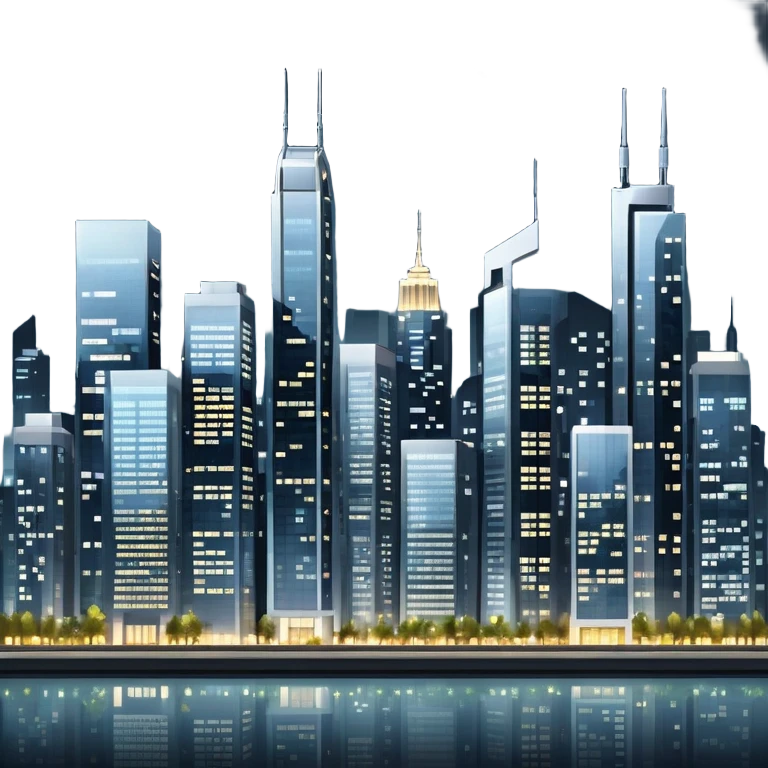 A modern cityscape with tall buildings, skyscrapers, and windows lit up, representing an urban environment full of life and activity emoji