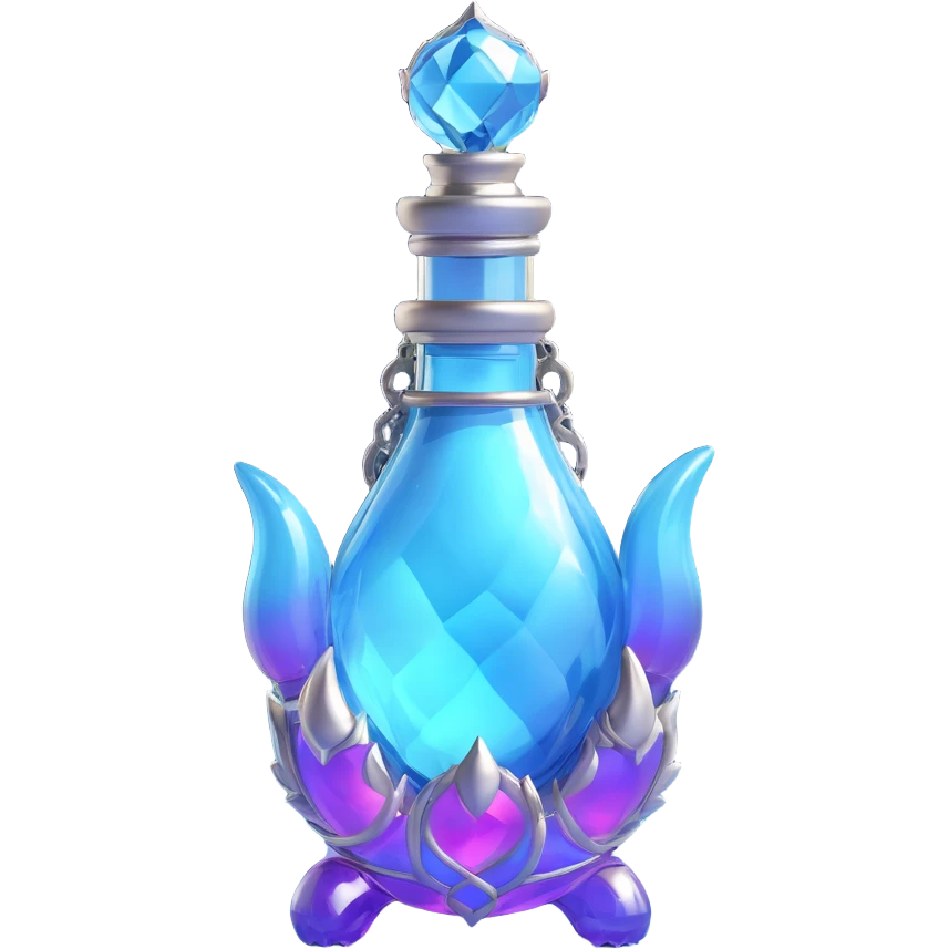 modern luxurious elixir bottle in monster paw shape, vibrant color, holographic and silver ornaments, strong magical glowing and sparkling effects, very small neck, seamless bottom, no shadow, floating in air, collection style emoji