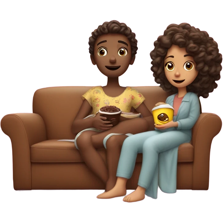 Uma menina morena com cabelo cacheado marrom de pijama senta no sofá vendo divertidamente 2 comendo pipoca e morango com chocolate  emoji
