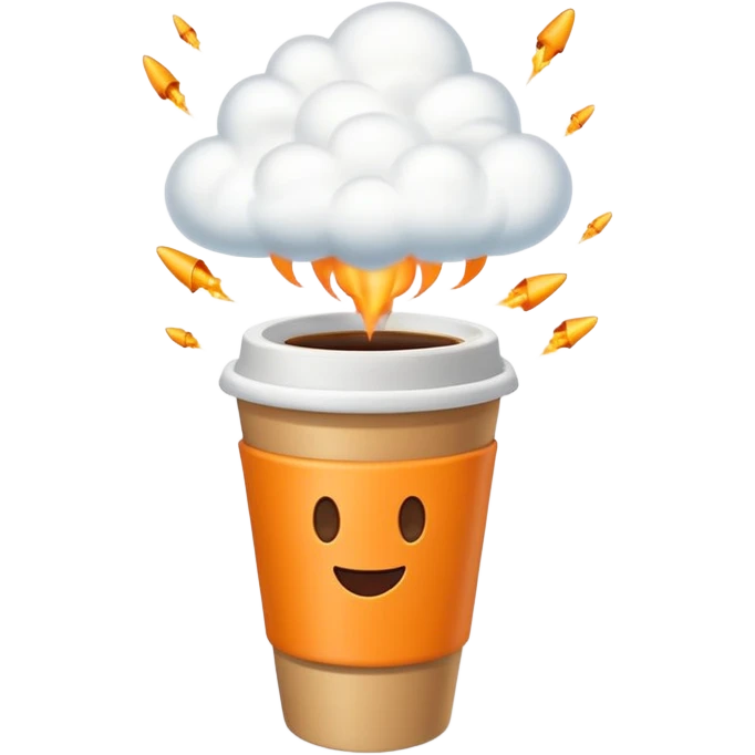 Emoji-style sticker of a takeaway coffee cup with rocket thrusters launching, steam forming a tiny cloud, playful but minimal, bold outline, soft shadows, flat 2.5D, glowing exhaust, transparent background, no text, high-res. emoji