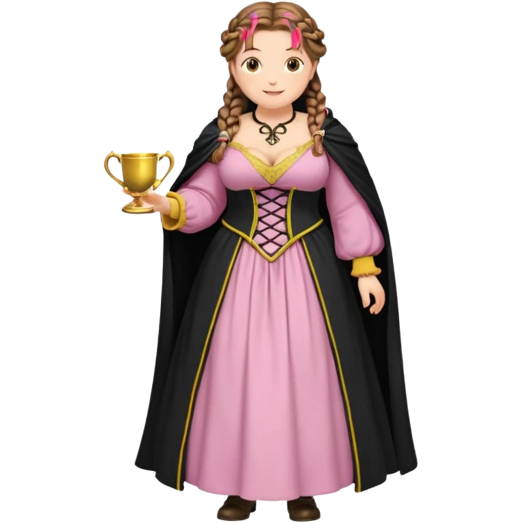 Helga Hufflepuff,brown-haired,2 braids,yellow-black medieval open dress,deep neckline,fat macromastia,black cloak decorated with gold braiding,gold cup with two handles,very kind smile,curvy busty,round rosy cheeks,full length with medieval shoes, inscription in pink heart says:"I love HELGA" emoji