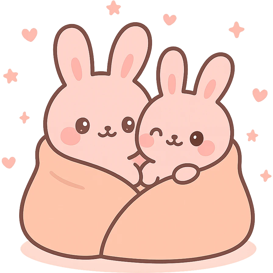 pink bunnies snuggling in blanket emoji