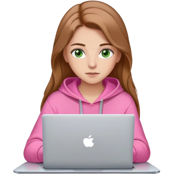 girl with light brown hair brown eyebrows fair skin green eyes long hair looking at laptop wearing pink hoodie  emoji