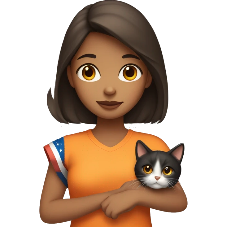 Brunette girl with brown eyes, holding a tricolor cat. Cat hairs are black in one side of its face and orange in the other side of its face. emoji