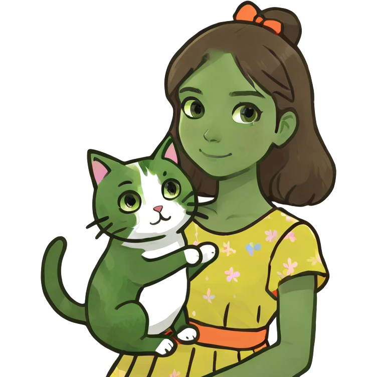 Girl with brown hair and with a cat emoji