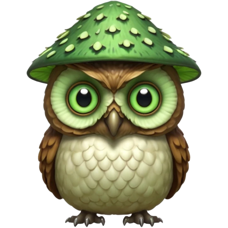 poisonous mushroom owl creature portrait, head and shoulders only, large beast-like owl eyes, mushroom cap feathers, glowing green spores, mystical forest monster, 3D cartoon, mobile game icon style, clean background, no text, no watermark

 emoji