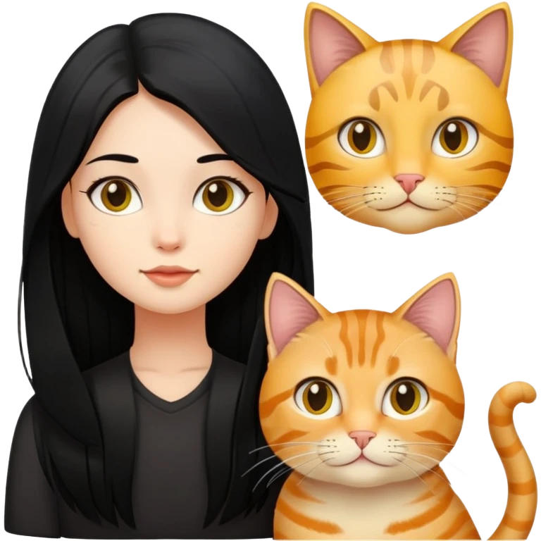 A girl with long black hair and an oval face is together with a black and yellow tabby cat. emoji