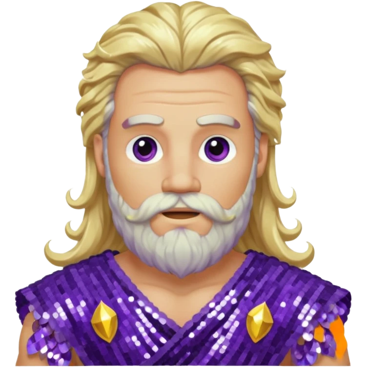 Zeus from Olympus Gods with long blonde wavy hair and beard, purple sequin loincloth emoji