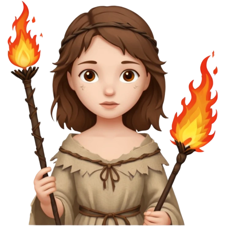 ancient european girl, tattered leaf cloth, hold fire stick emoji